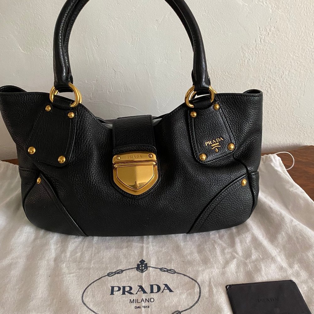 PRADA LARGE HANDLE PUSHLOCK BAG W/ GOLD TRIM IN BLACK